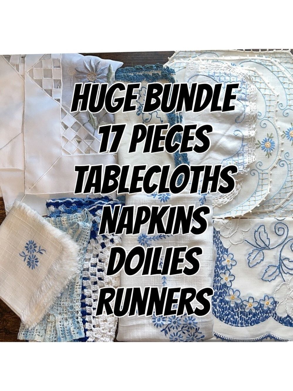 17 piece Mystery Box set • Vintage Blue & White Embroidered Table Linens Set